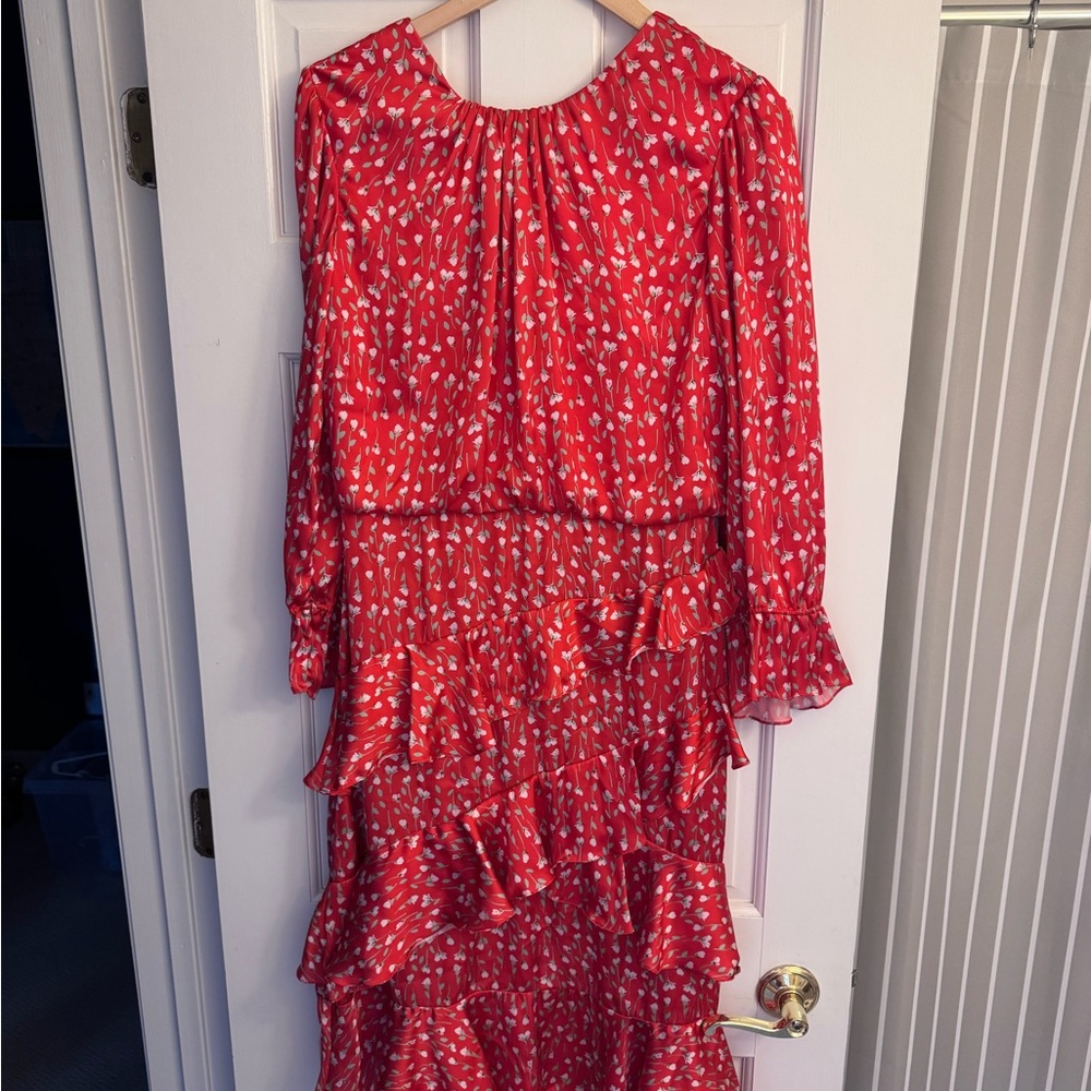 Monique Lhuillier Red Ruffled Tiered Long Sleeve Dress